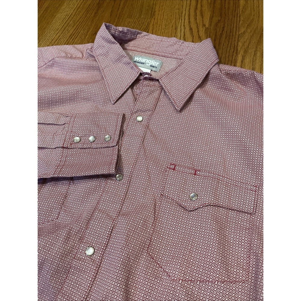 Wrangler Wrancher Men's Pearl Snap Shirt Red Geometric Long Sleeve Cowboy 2XL